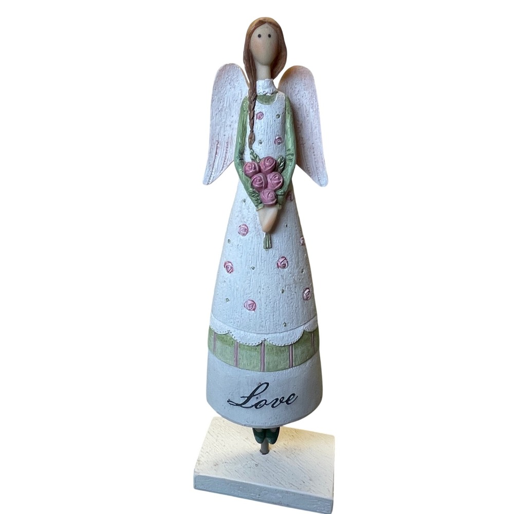 Love‎ Angel With Pink Rose Bouquet Stone Resin Designed to Look Like Carved Wood